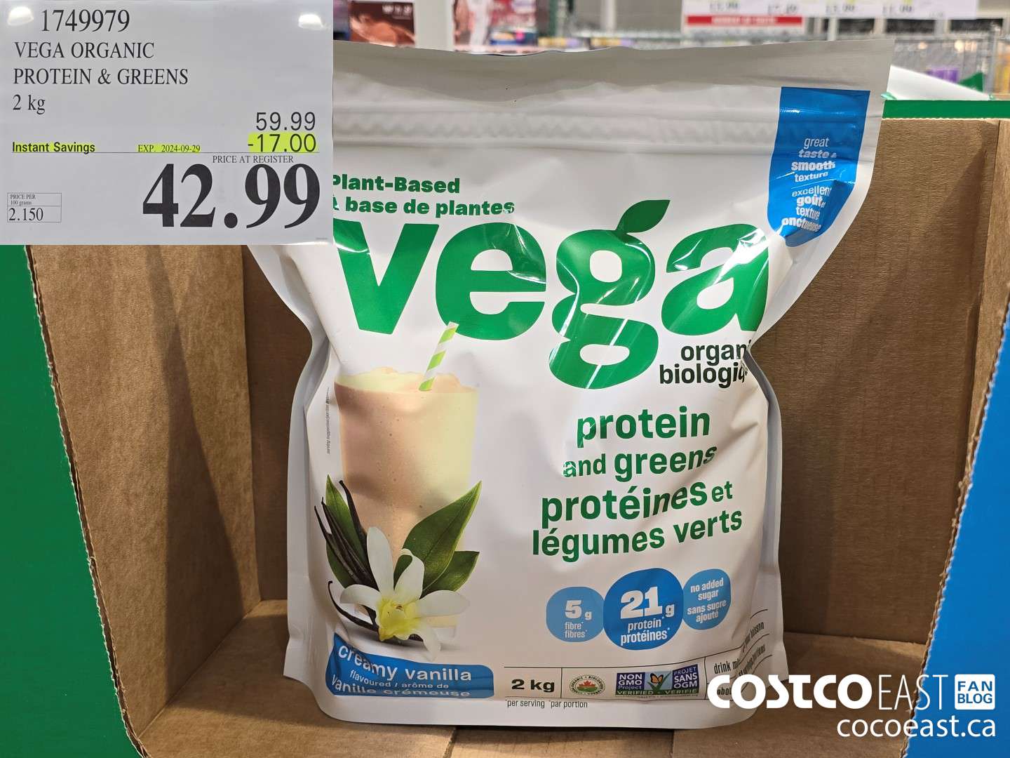 1749979 VEGA ORGANIC PROTEIN & GREENS 2 KG ($17.00 INSTANT SAVINGS EXPIRES ON 2024-09-29) $42.99