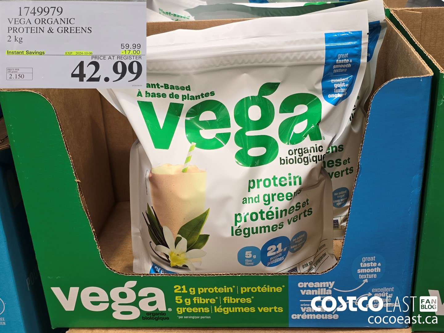 1749979 VEGA ORGANIC PROTEIN & GREENS 2 KG ($17.00 INSTANT SAVINGS EXPIRES ON 2024-10-06) $42.99