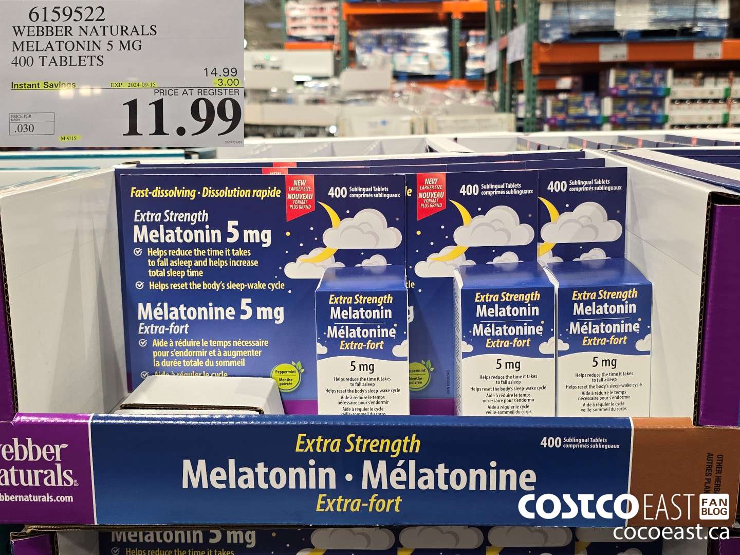 6159522 WEBBER NATURALS MELATONIN 5 MG 400 TABLETS ($3.00 INSTANT SAVINGS EXPIRES ON 2024-09-15) $11.99