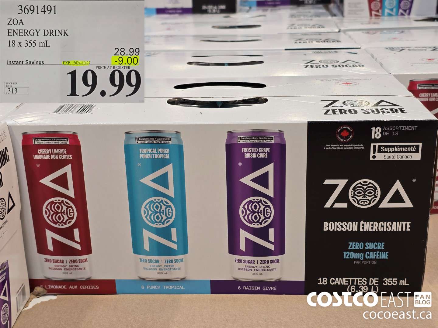 3691491 ZOA ENERGY DRINK 18 x 355 mL ($9.00 INSTANT SAVINGS EXPIRES ON 2024-10-27) $19.99