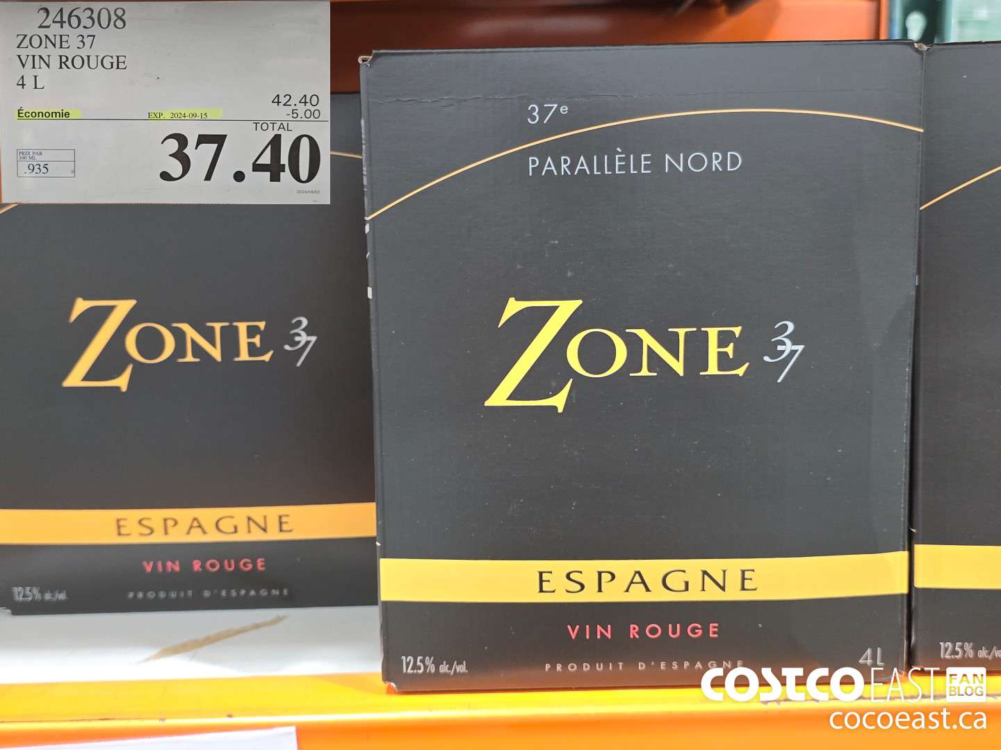 246308 ZONE 37 VIN ROUGE 4 L ($5.00 INSTANT SAVINGS EXPIRES ON 2024-09-15) $37.40