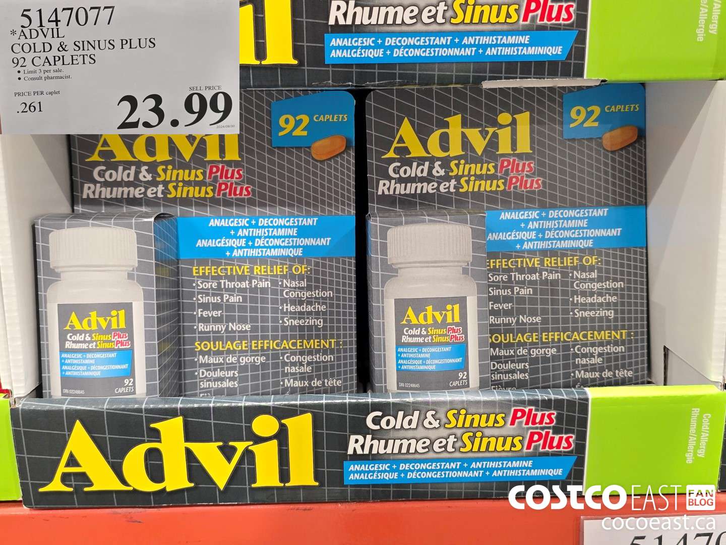 5147077 ADVIL COLD & SINUS PLUS 92 CAPLETS $23.99