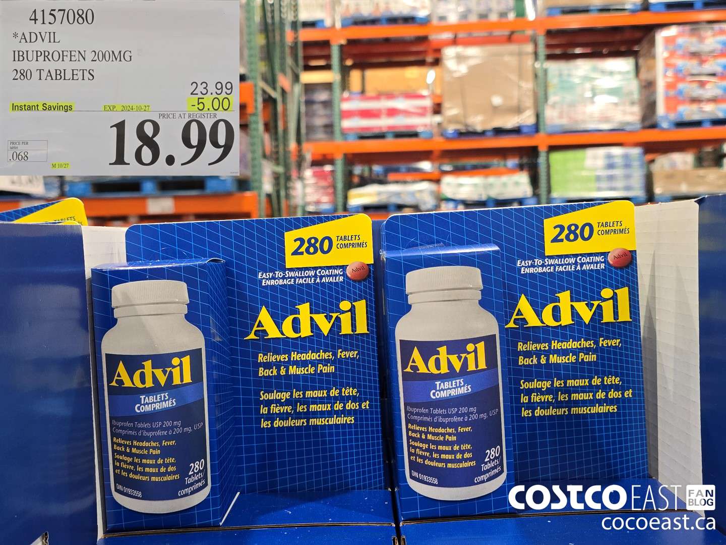 4157080 ADVIL IBUPROFEN 200MG 280 TABLETS ($5.00 INSTANT SAVINGS EXPIRES ON 2024-10-27) $18.99