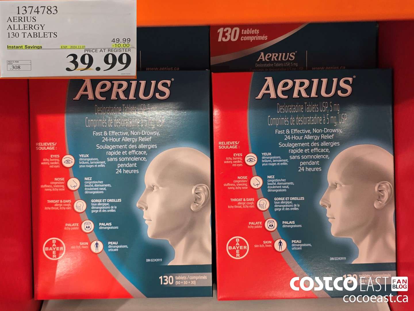 1374783 AERIUS ALLERGY 130 TABLETS ($10.00 INSTANT SAVINGS EXPIRES ON 2024-11-03) $39.99