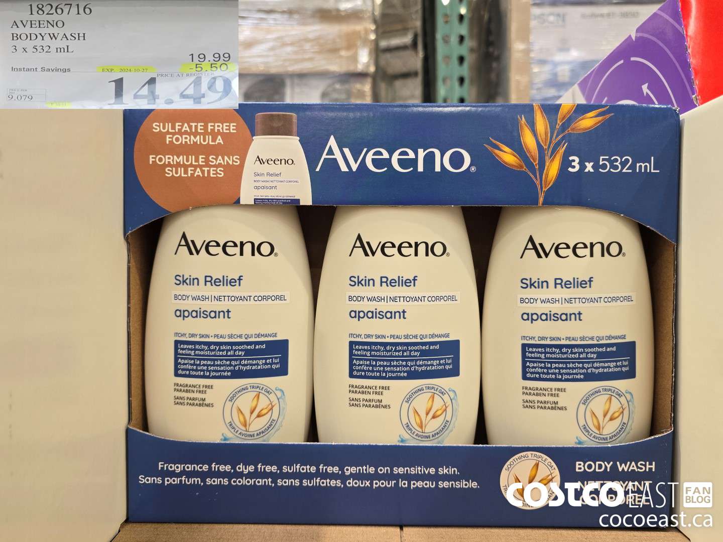 1826716 AVEENO BODYWASH 3 x 532 ML ($5.50 INSTANT SAVINGS EXPIRES ON 2024-10-27) $14.49