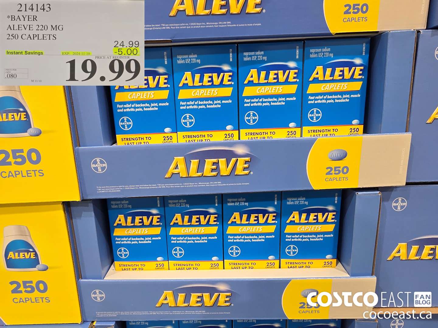 214143 BAYER ALEVE 220 MG 250 CAPLETS ($5.00 INSTANT SAVINGS EXPIRES ON 2024-11-10) $19.99
