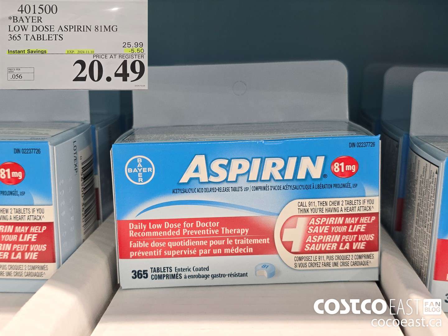 401500 BAYER LOW DOSE ASPIRIN 81MG 365 TABLETS ($5.50 INSTANT SAVINGS EXPIRES ON 2024-11-10) $20.49