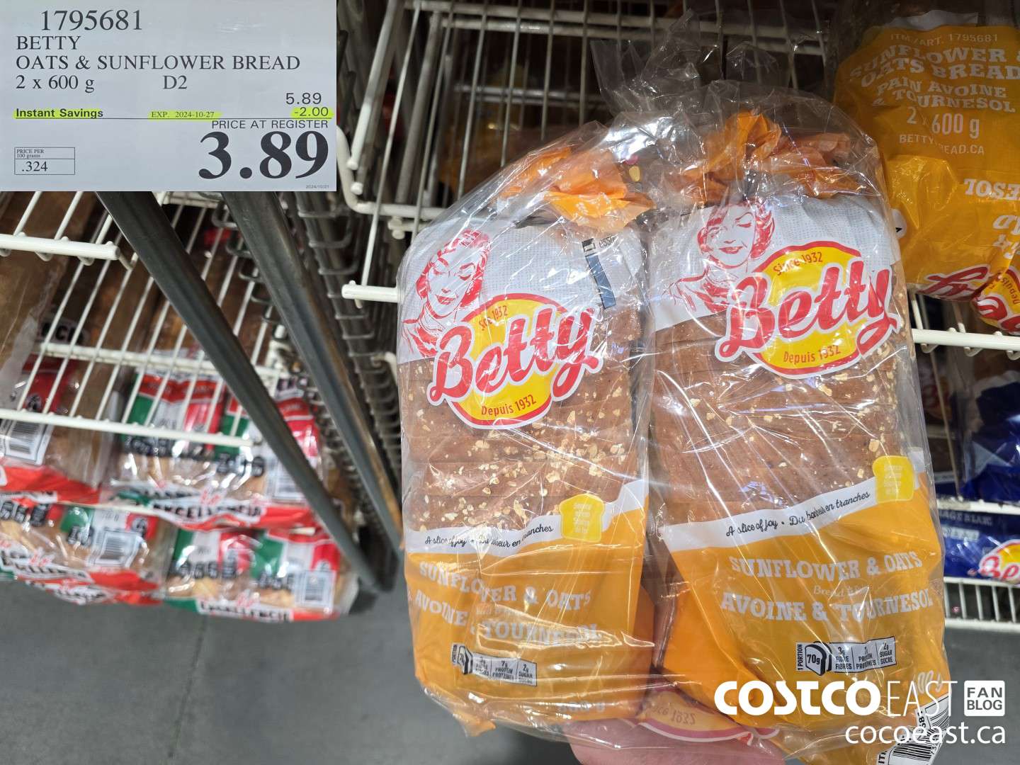 1795681 BETTY OATS & SUNFLOWER BREAD 2 x 600 g ($2.00 INSTANT SAVINGS EXPIRES ON 2024-10-27) $3.89