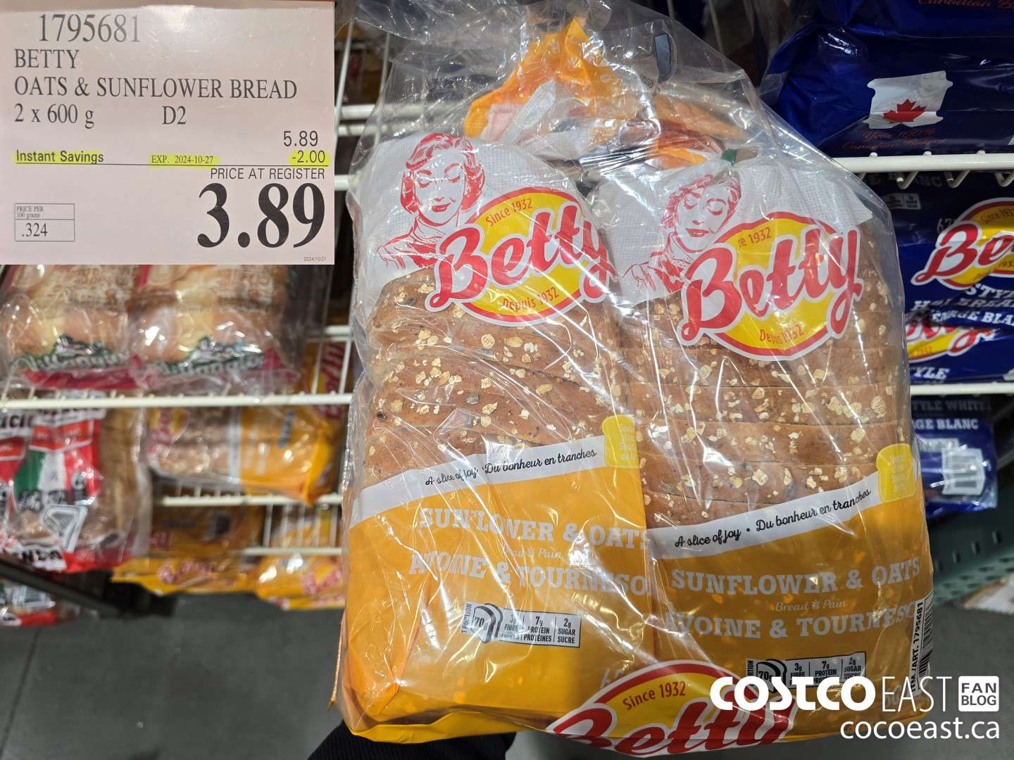 1795681 BETTY OATS & SUNFLOWER BREAD 2 x 600 g ($2.00 INSTANT SAVINGS EXPIRES ON 2024-10-27) $3.89