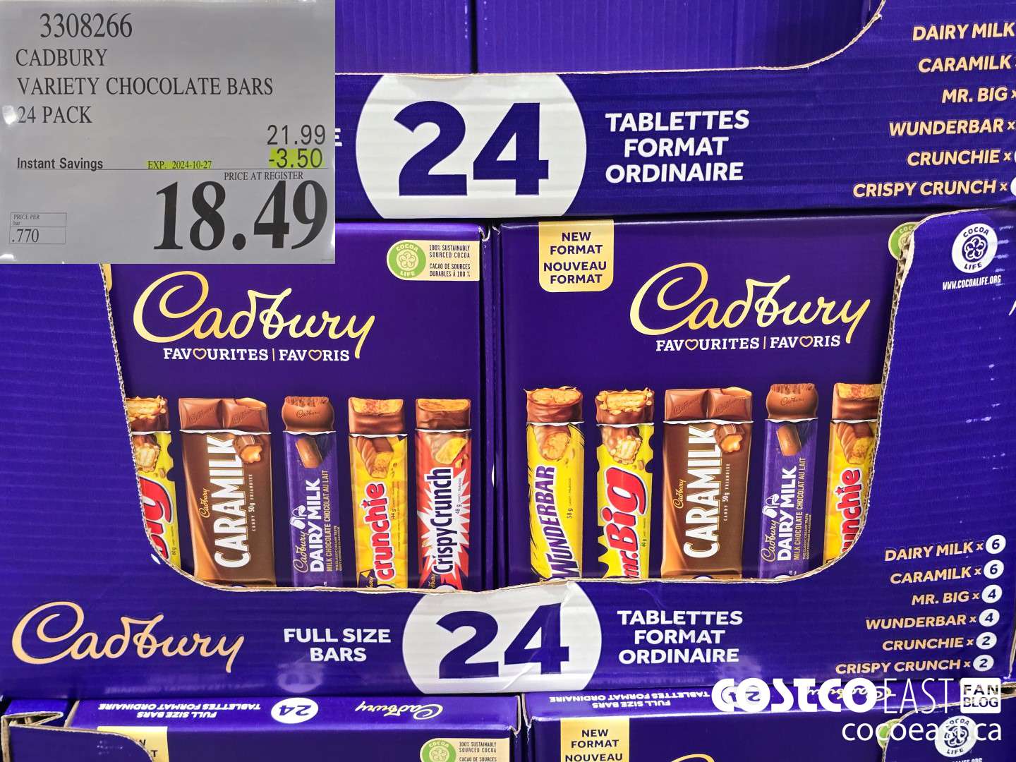 3308266 CADBURY VARIETY CHOCOLATE BARS 24 PACK ($3.50 INSTANT SAVINGS EXPIRES ON 2024-10-27) $18.49