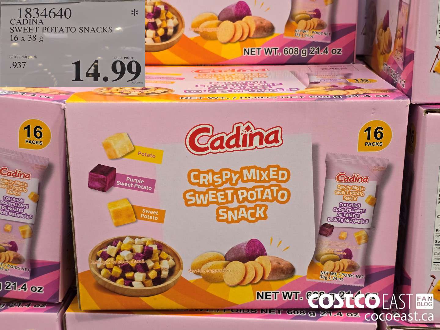 1834640 CADINA SWEET POTATO SNACKS 16 x 38 G $14.99