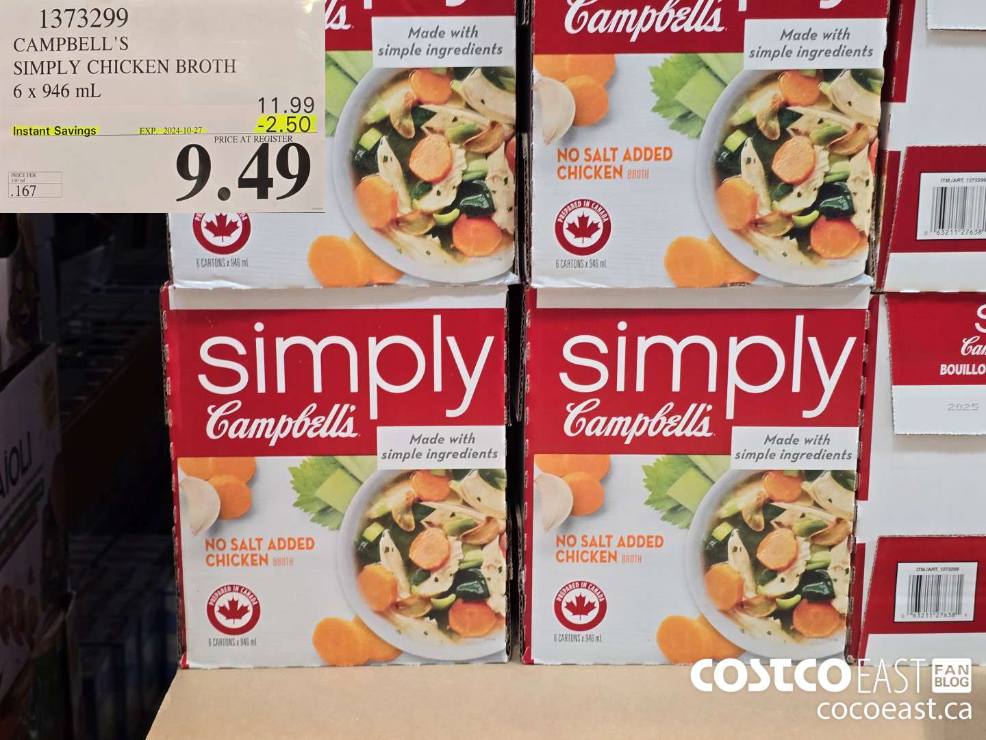 1373299 CAMPBELL'S SIMPLY CHICKEN BROTH 6 x 946 mL ($2.50 INSTANT SAVINGS EXPIRES ON 2024-10-27) $9.49