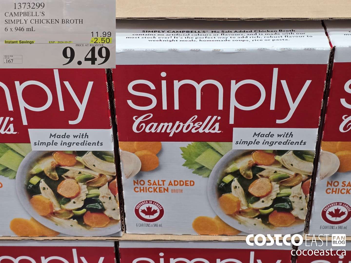 1373299 CAMPBELL'S SIMPLY CHICKEN BROTH 6 x 946 mL ($2.50 INSTANT SAVINGS EXPIRES ON 2024-10-27) $9.49