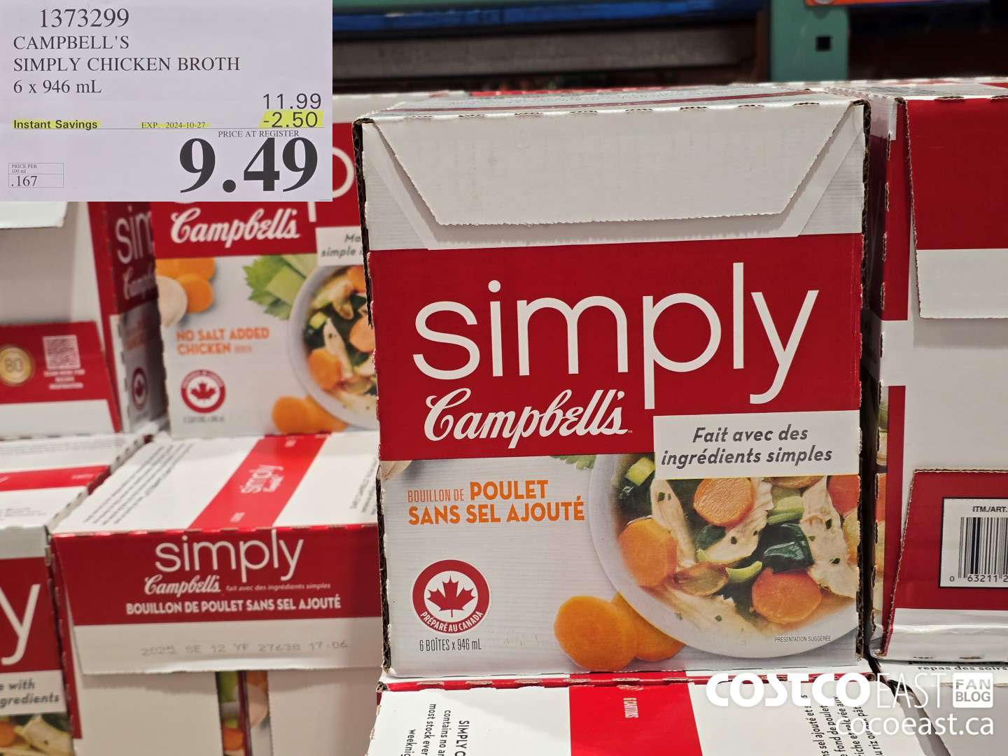1373299 CAMPBELL'S SIMPLY CHICKEN BROTH 6 x 946 mL ($2.50 INSTANT SAVINGS EXPIRES ON 2024-10-27) $9.49
