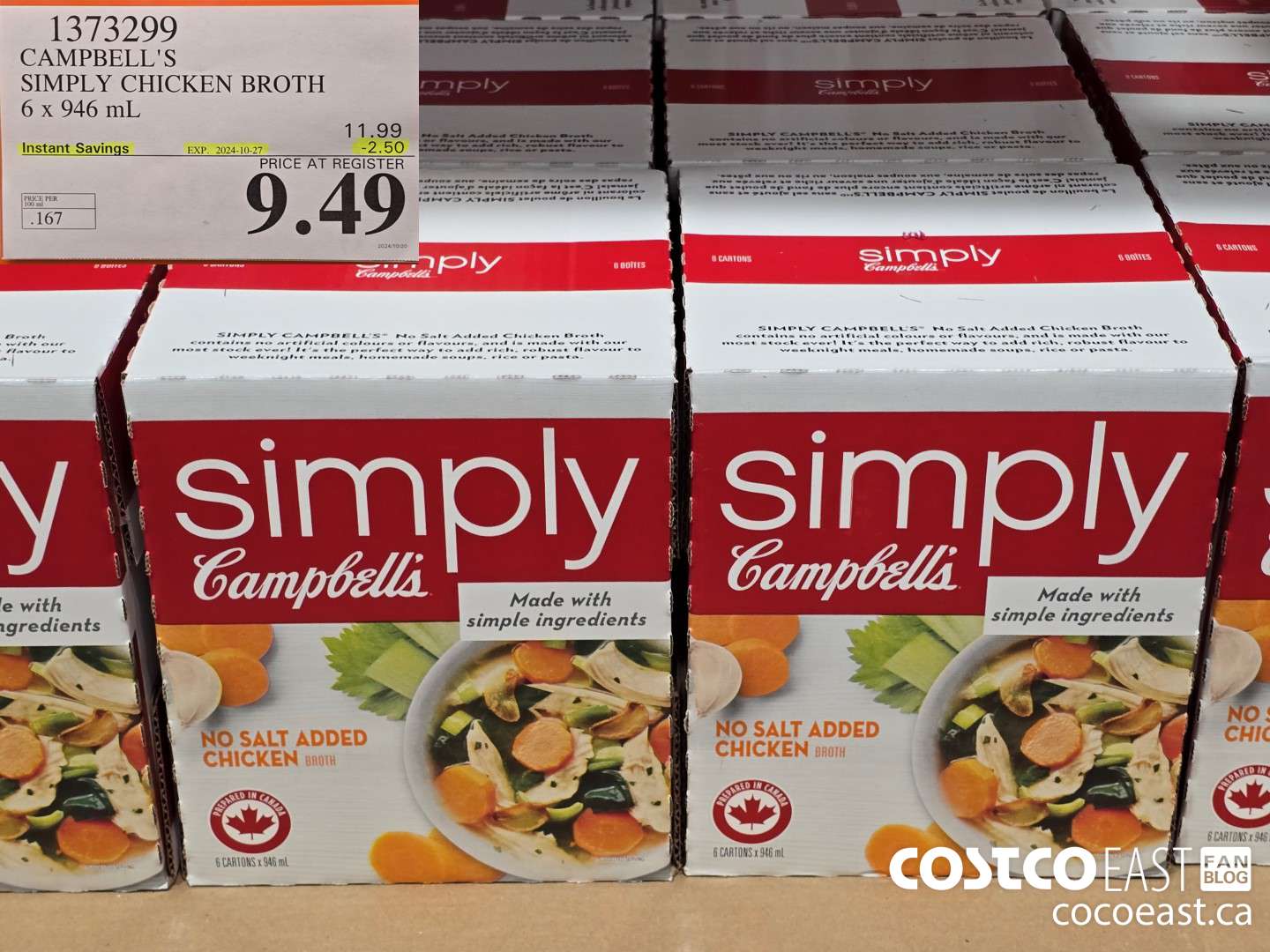 1373299 CAMPBELL'S SIMPLY CHICKEN BROTH 6 x 946 mL ($2.50 INSTANT SAVINGS EXPIRES ON 2024-10-27) $9.49