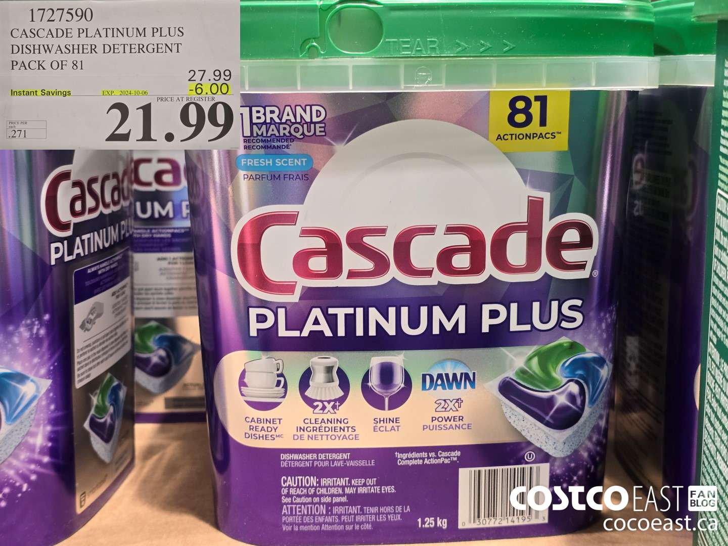 1727590 CASCADE PLATINUM PLUS DISHWASHER DETERGENT PACK OF 81 ($6.00 INSTANT SAVINGS EXPIRES ON 2024-10-06) $21.99