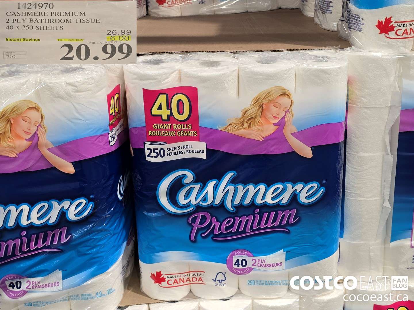 1424970 CASHMERE PREMIUM 2 PLY BATHROOM TISSUE 40 x 250 sheets ($6.00 INSTANT SAVINGS EXPIRES ON 2024-10-27) $20.99