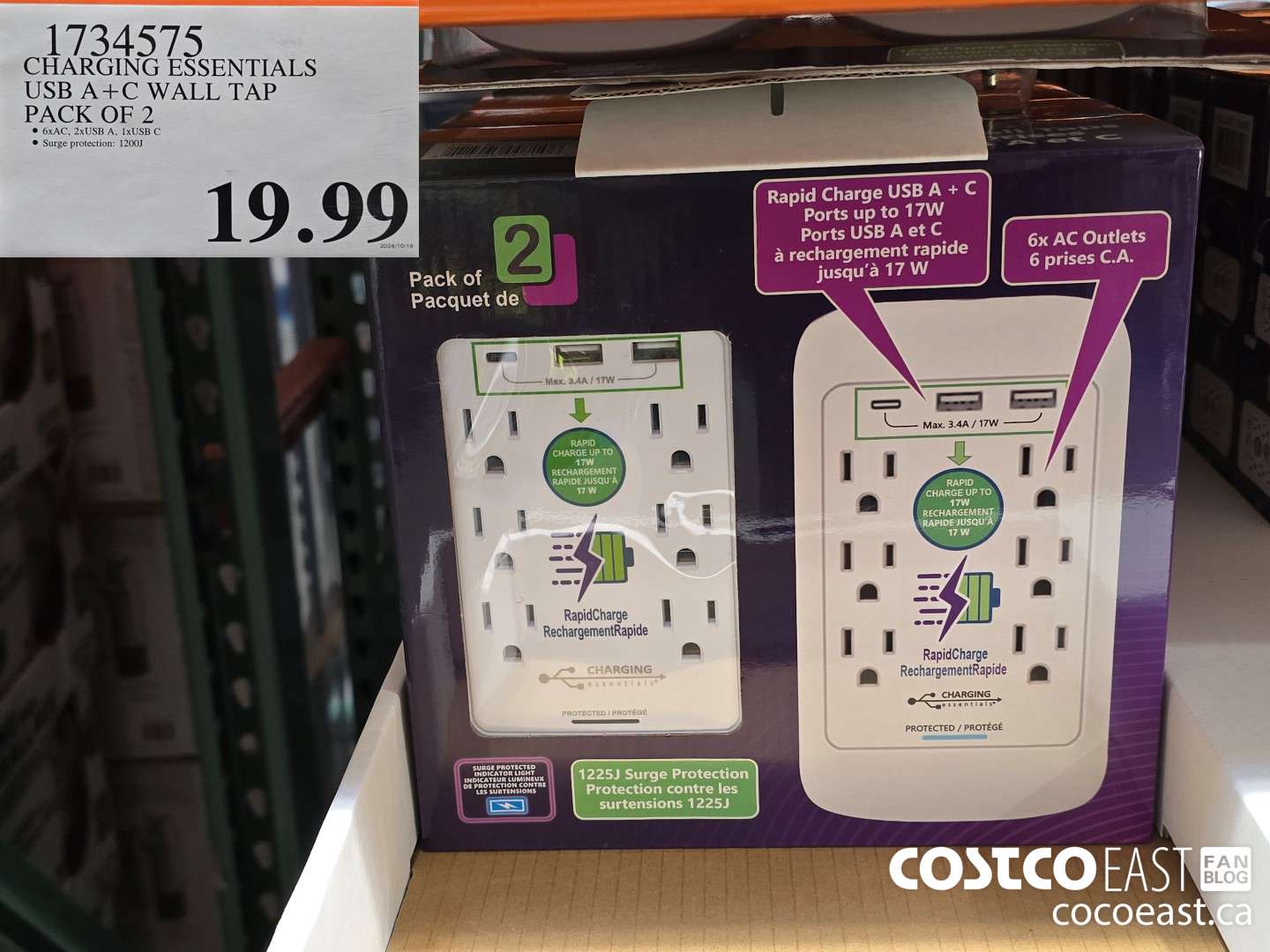 1734575 CHARGING ESSENTIALS USB A+C WALL TAP PACK OF 2 $19.99