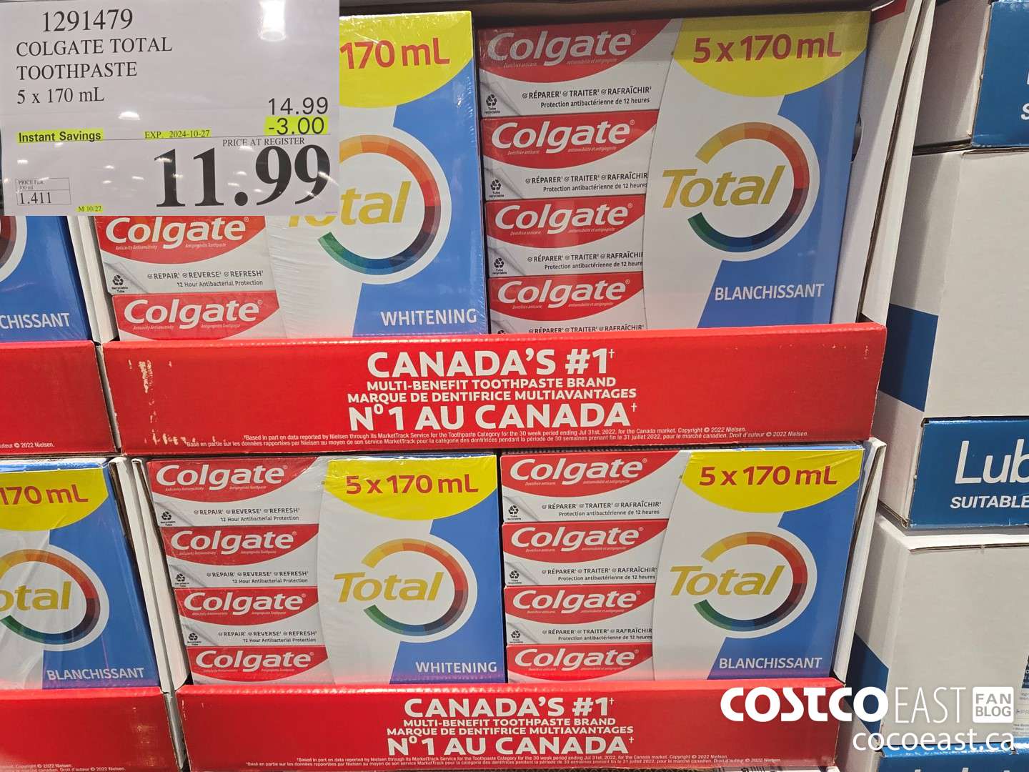 1291479 COLGATE TOTAL TOOTHPASTE 5 x 170 mL ($3.00 INSTANT SAVINGS EXPIRES ON 2024-10-27) $11.99