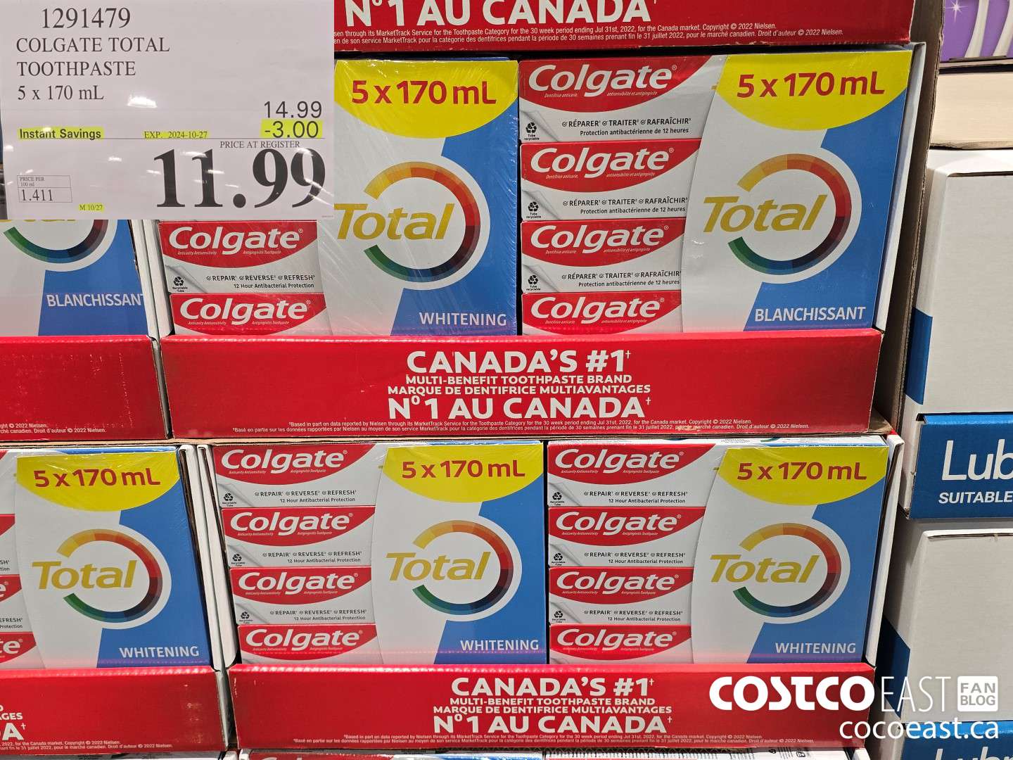 1291479 COLGATE TOTAL TOOTHPASTE 5 x 170 mL ($3.00 INSTANT SAVINGS EXPIRES ON 2024-10-27) $11.99