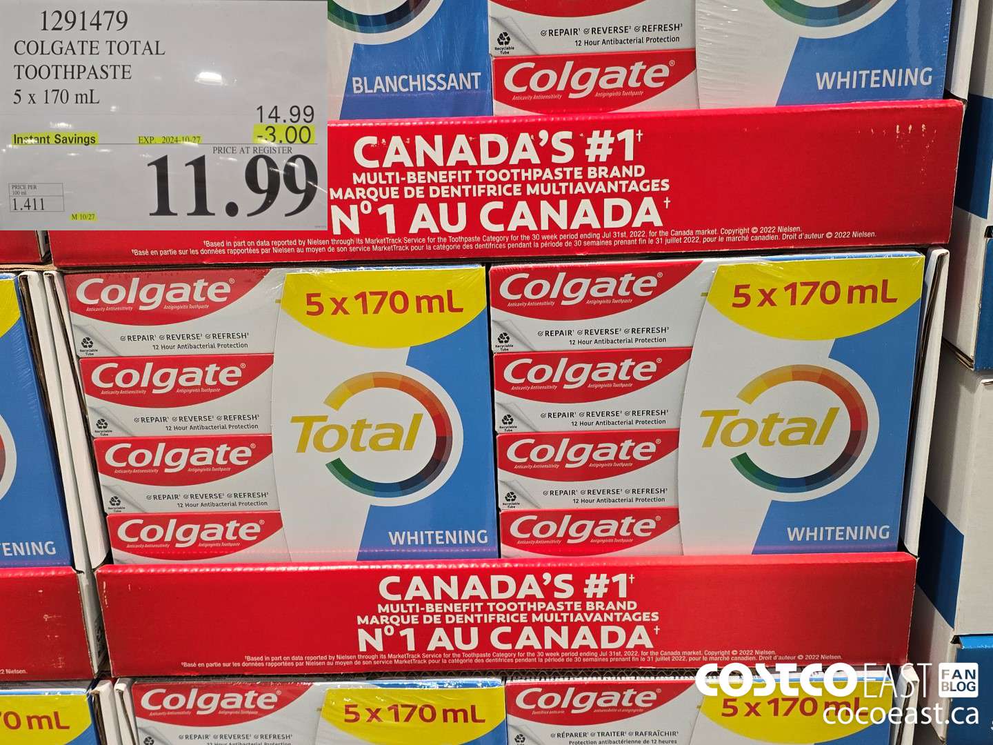 1291479 COLGATE TOTAL TOOTHPASTE 5 x 170 mL ($3.00 INSTANT SAVINGS EXPIRES ON 2024-10-27) $11.99