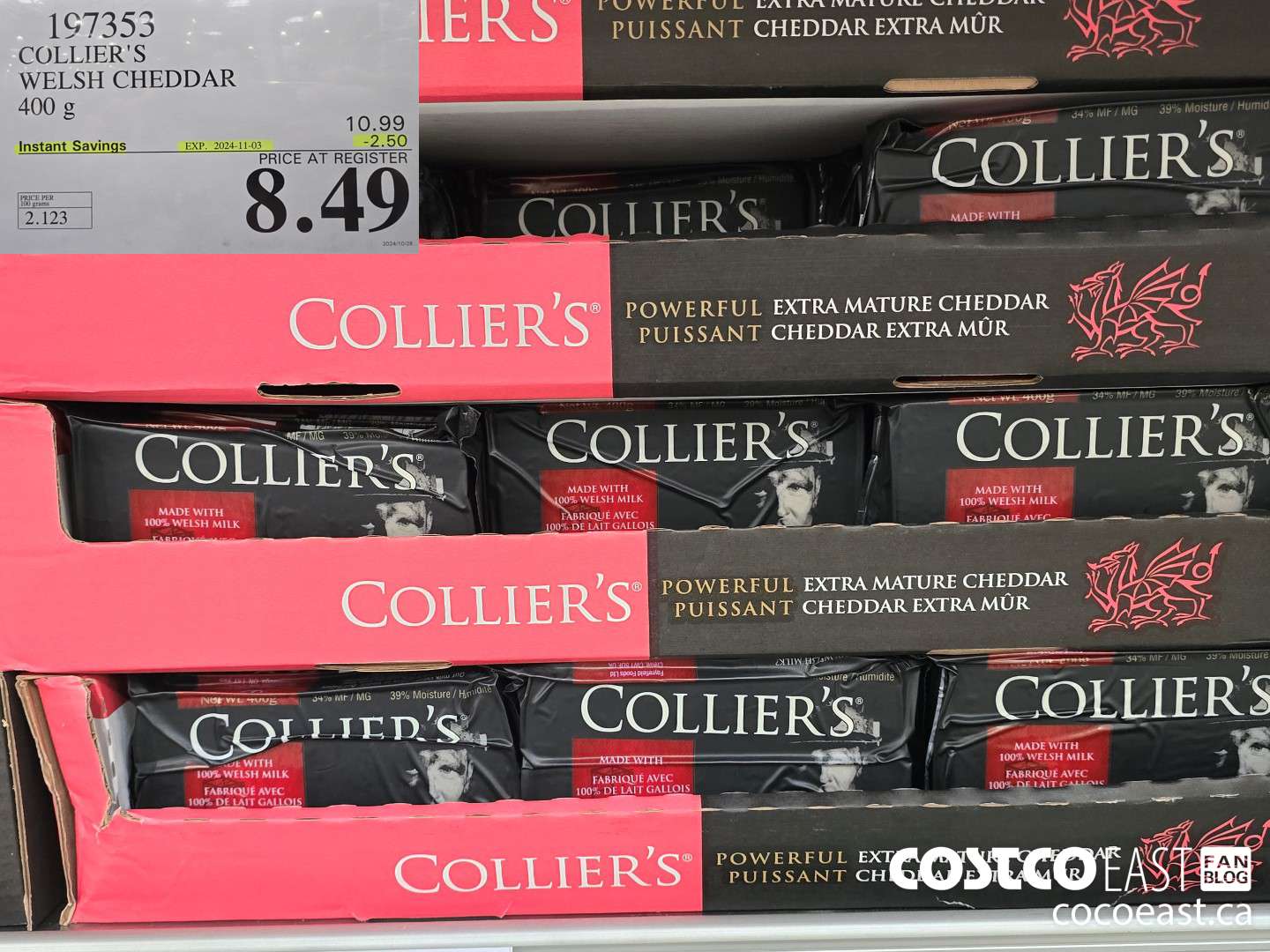 197353 COLLIER'S WELSH CHEDDAR 400G 20024-11-03 ($2.50 INSTANT SAVINGS) $8.49