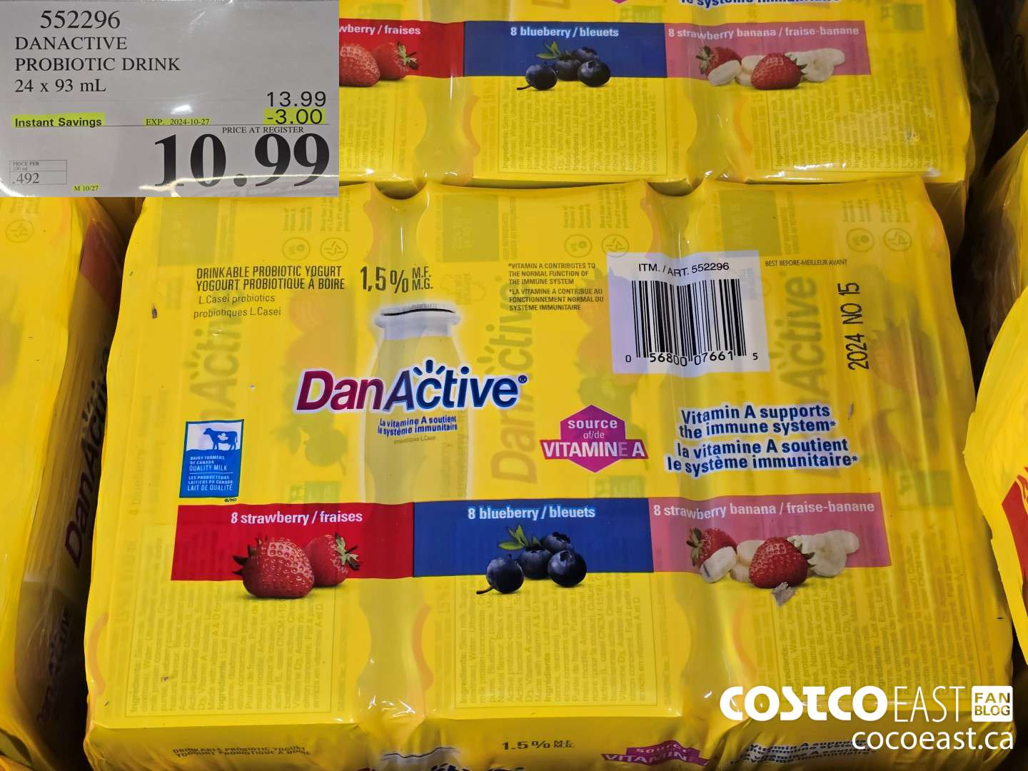 552296 DANACTIVE PROBIOTIC DRINK 24 X 93 ML ($3.00 INSTANT SAVINGS EXPIRES ON 2024-10-27) $10.99