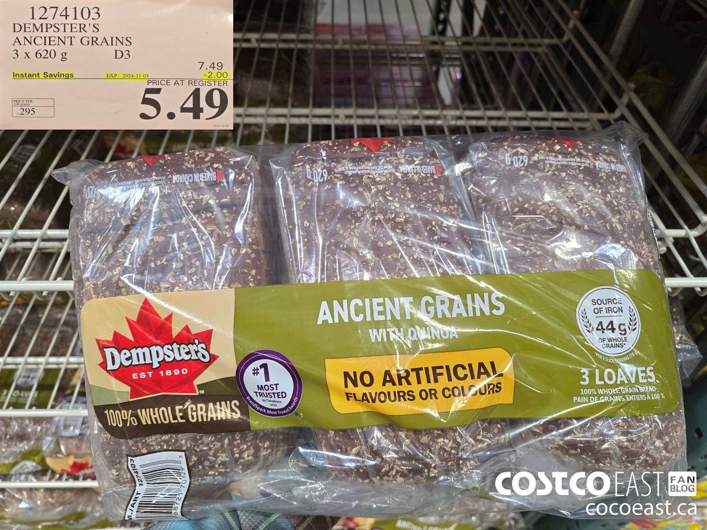 1274103 DEMPSTER'S ANCIENT GRAINS 3 X 620 G ($2.00 INSTANT SAVINGS EXPIRES ON 2024-11-03) $5.49
