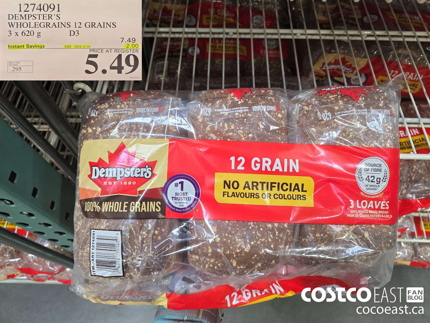 1274091 DEMPSTER'S WHOLEGRAINS 12 GRAINS 3 X 620 G ($2.00 INSTANT SAVINGS EXPIRES ON 2024-11-03) $5.49