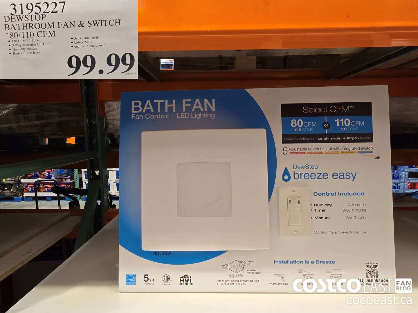 3195227 DEWSTOP BATHROOM FAN & SWITCH 80/110 CFM $99.99