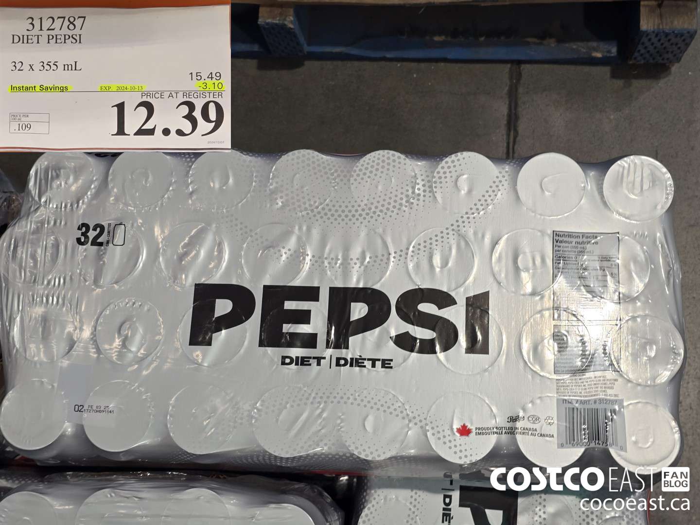 312787 DIET PEPSI 32 X 355 ML ($3.10 INSTANT SAVINGS EXPIRES ON 2024-10-13) $12.39