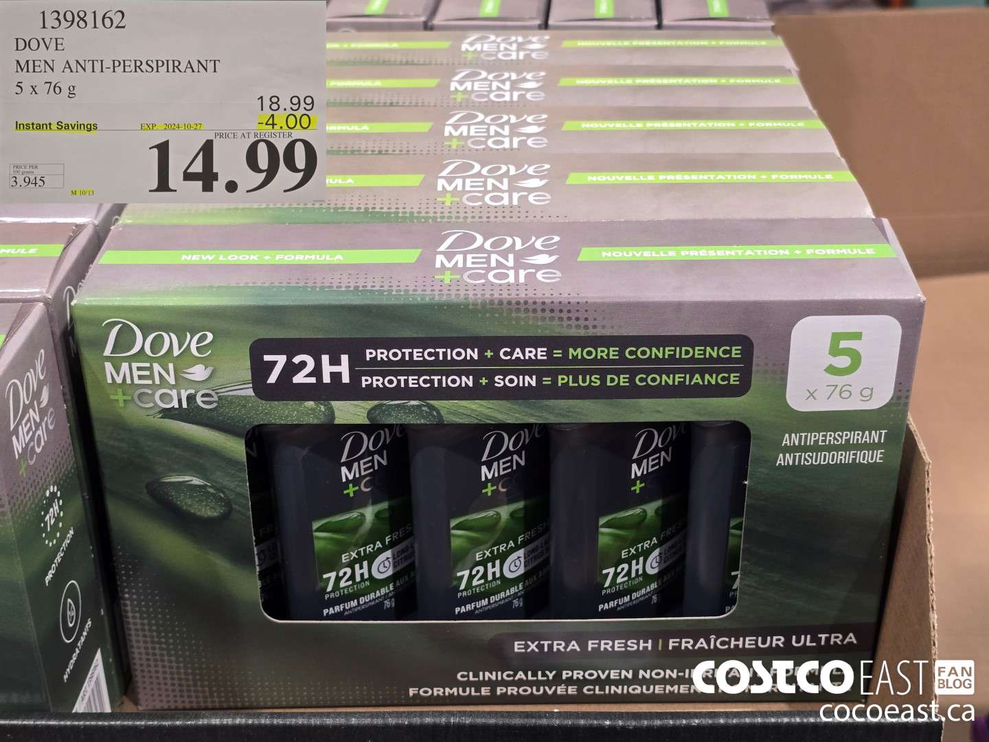 1398162 DOVE MEN ANTI-PERSPIRANT 5 x 76 g ($4.00 INSTANT SAVINGS EXPIRES ON 2024-10-27) $14.99