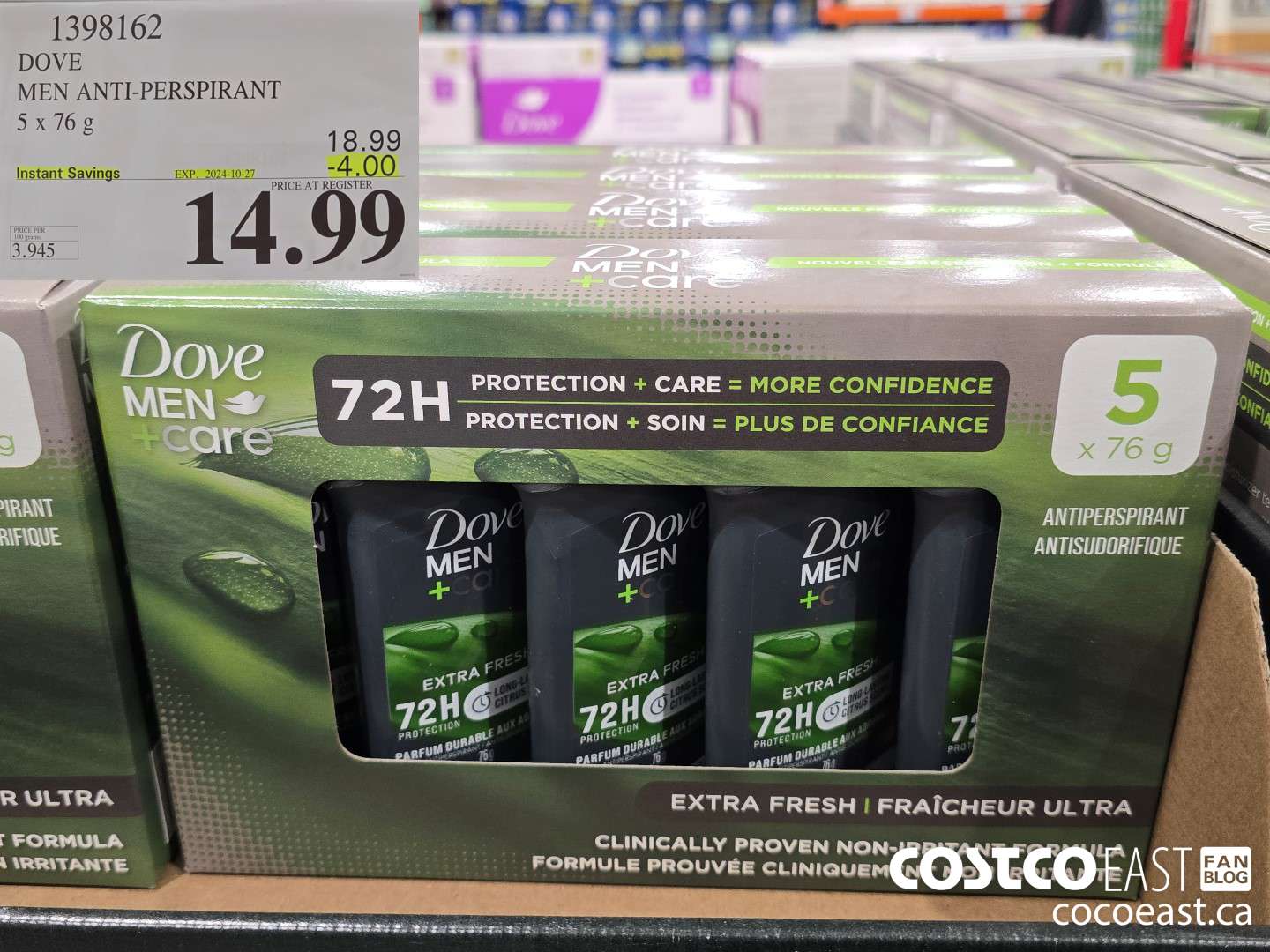 1398162 DOVE MEN ANTI-PERSPIRANT 5 x 76 g ($4.00 INSTANT SAVINGS EXPIRES ON 2024-10-27) $14.99