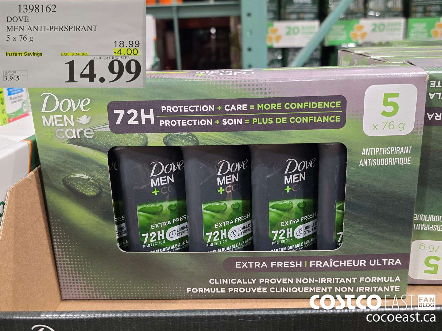 1398162 DOVE MEN ANTI-PERSPIRANT 5 x 76 g ($4.00 INSTANT SAVINGS EXPIRES ON 2024-10-27) $14.99