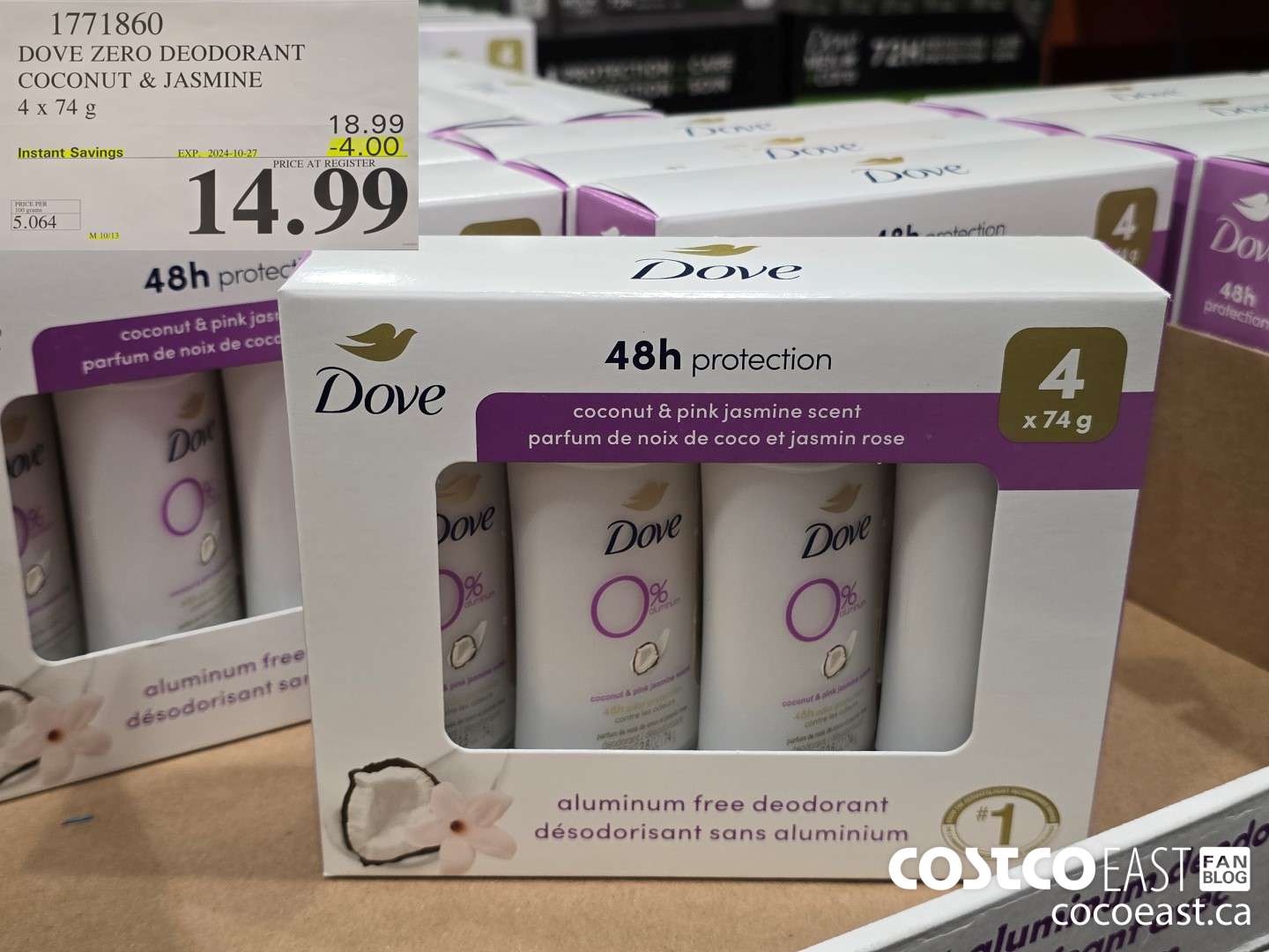 1771860 DOVE ZERO DEODORANT COCONUT & JASMINE 4 X 74 G ($4.00 INSTANT SAVINGS EXPIRES ON 2024-10-27) $14.99