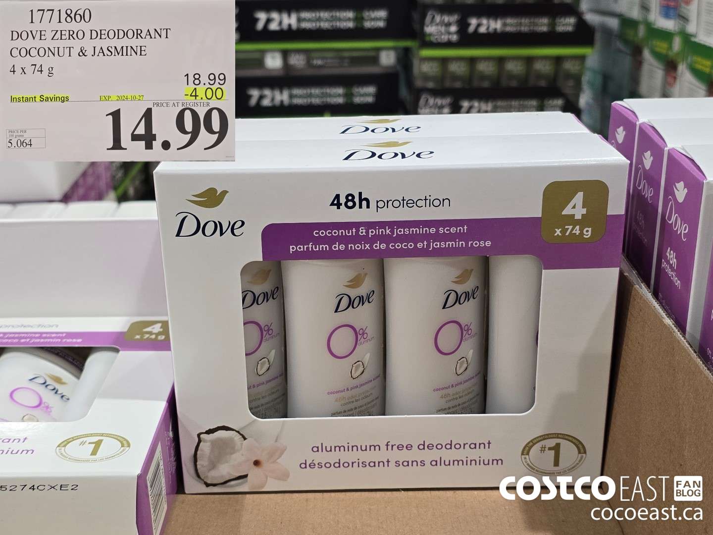 1771860 DOVE ZERO DEODORANT COCONUT & JASMINE 4 X 74 G ($4.00 INSTANT SAVINGS EXPIRES ON 2024-10-27) $14.99