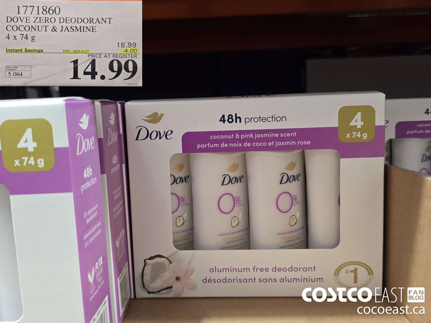 1771860 DOVE ZERO DEODORANT COCONUT & JASMINE 4 X 74 G ($4.00 INSTANT SAVINGS EXPIRES ON 2024-10-27) $14.99