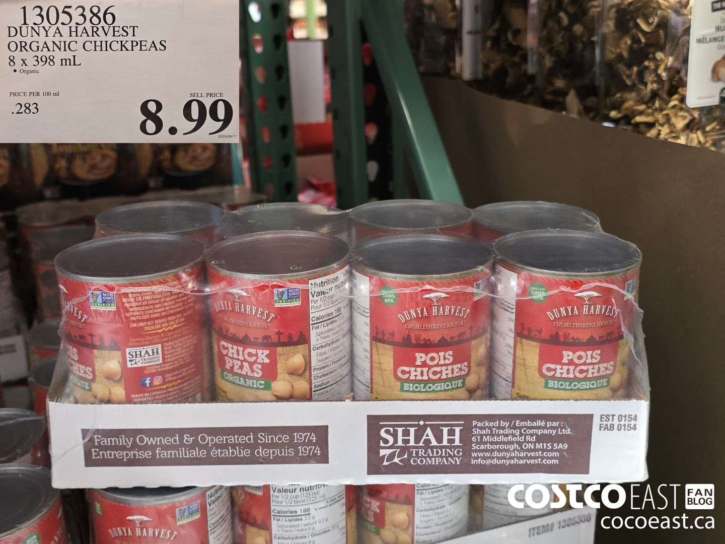 1305386 DUNYA HARVEST ORGANIC CHICKPEAS 8 x 398 mL $8.99