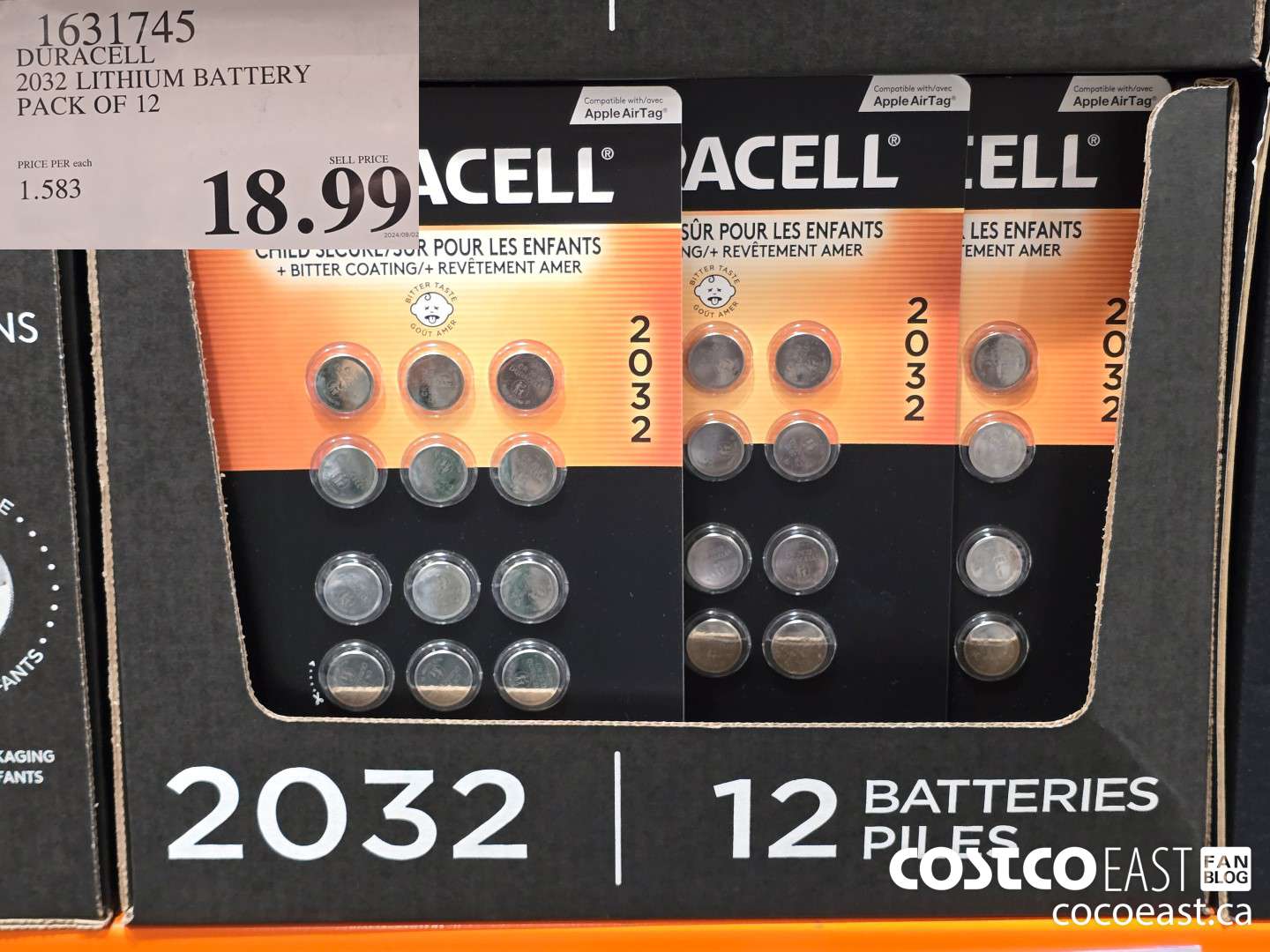 1631745 DURACELL 2032 LITHIUM BATTERY PACK OF 12 $18.99