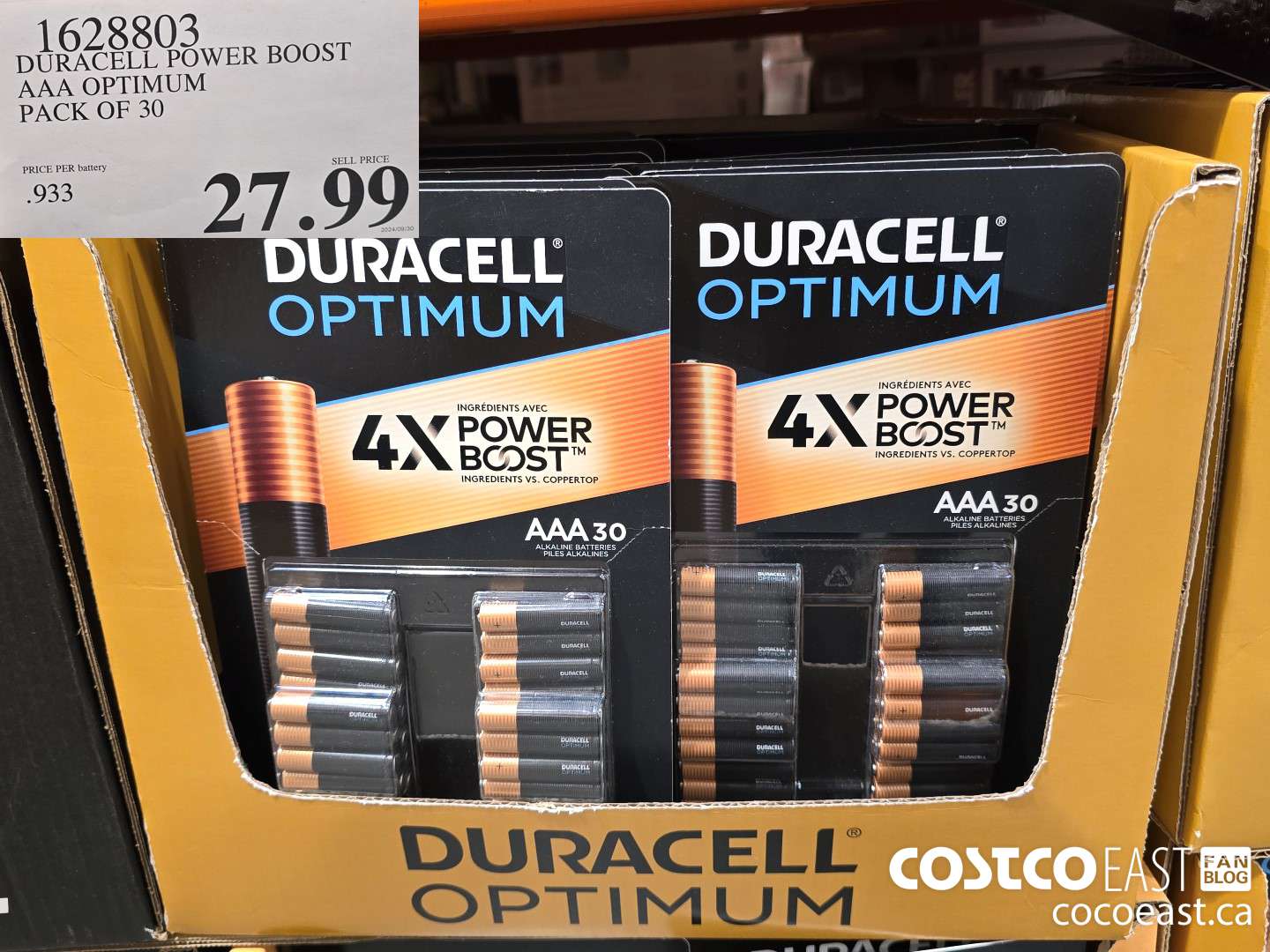 1628803 DURACELL POWER BOOST AAA OPTIMUM PACK OF 30 $27.99