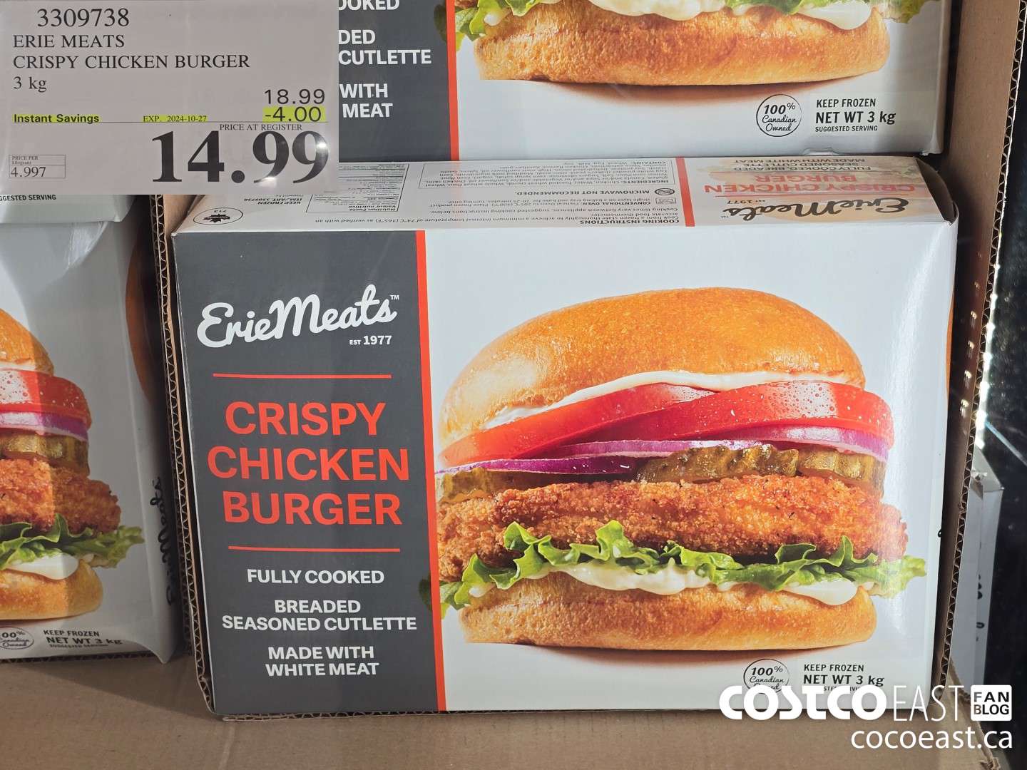 3309738 ERIE MEATS CRISPY CHICKEN BURGER 3 kg ($4.00 INSTANT SAVINGS EXPIRES ON 2024-10-27) $14.99
