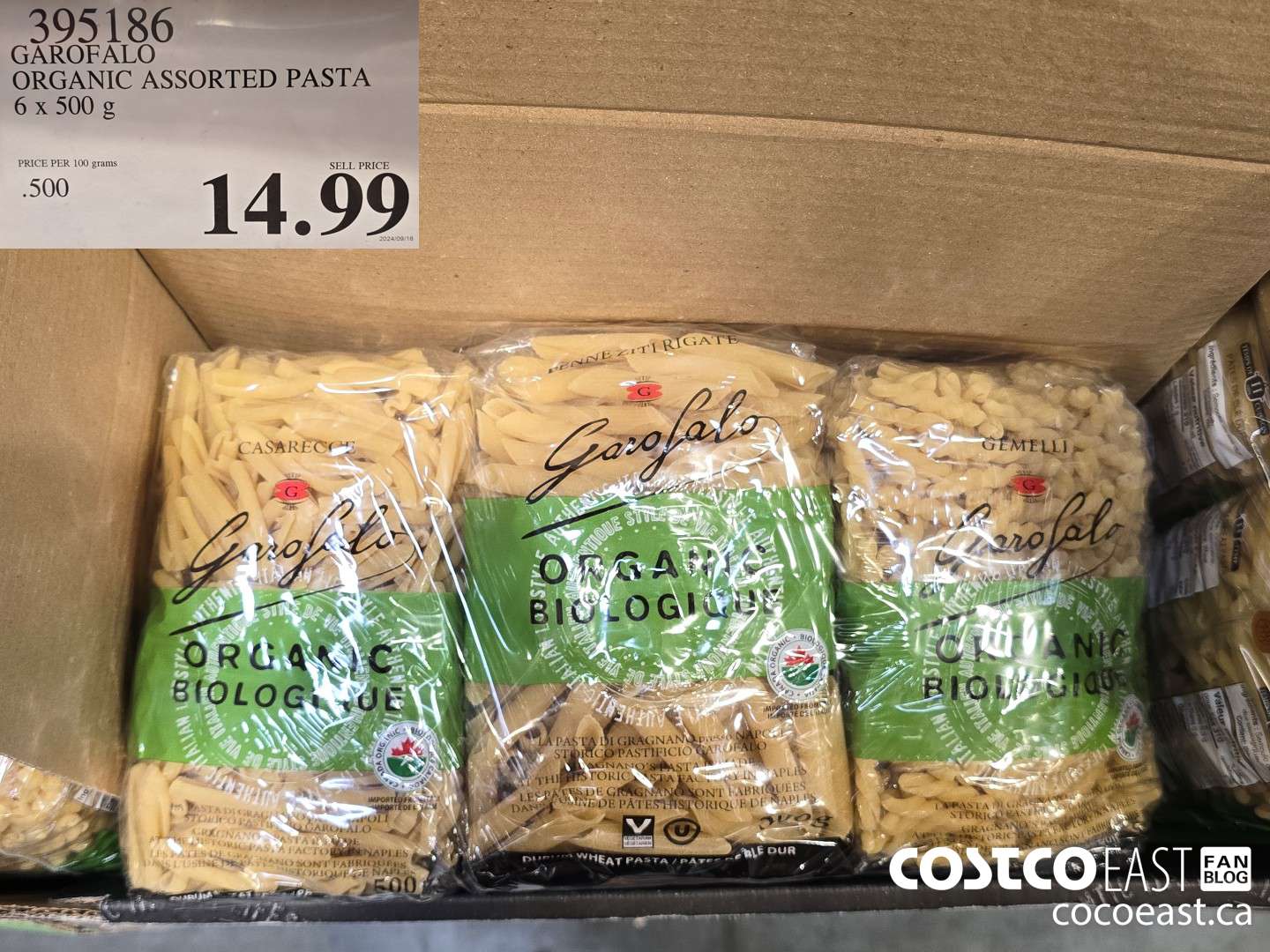 395186 GAROFALO ORGANIC ASSORTED PASTA 6 X 500 G $14.99
