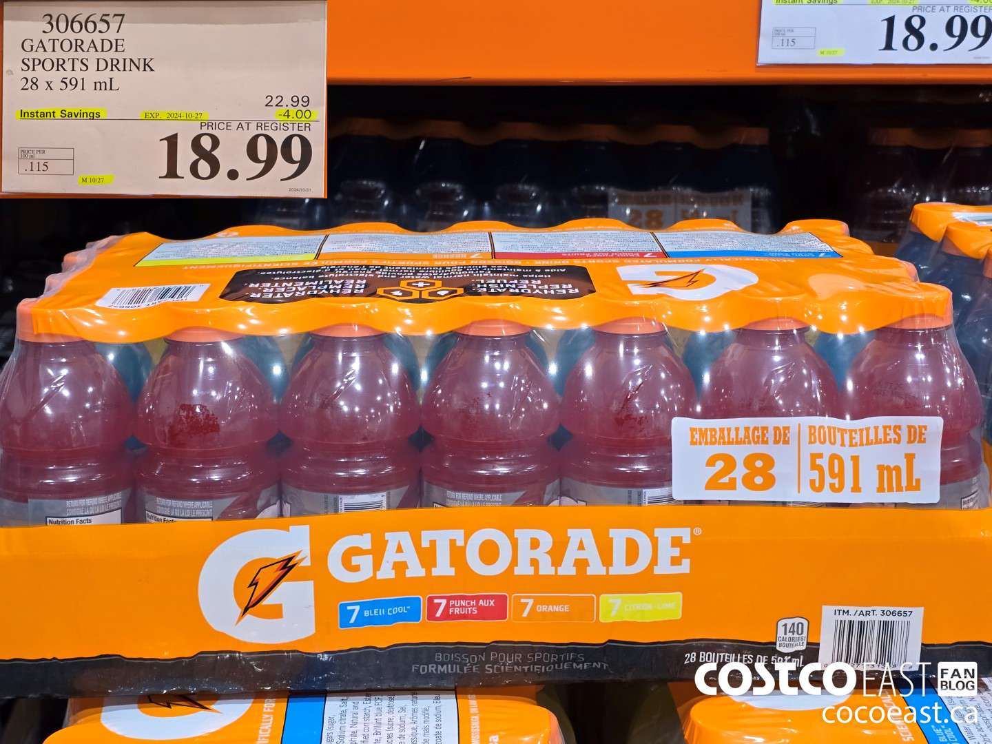 306657 GATORADE SPORTS DRINK 28 x 591 mL ($4.00 INSTANT SAVINGS EXPIRES ON 2024-10-27) $18.99