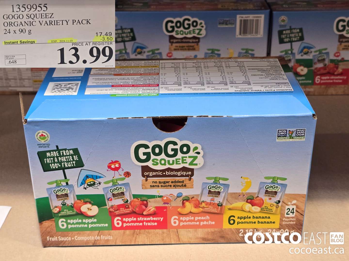 1359955 GOGO SQUEEZ ORGANIC VARIETY PACK 24 x 90 g ($3.50 INSTANT SAVINGS EXPIRES ON 2024-11-03) $13.99