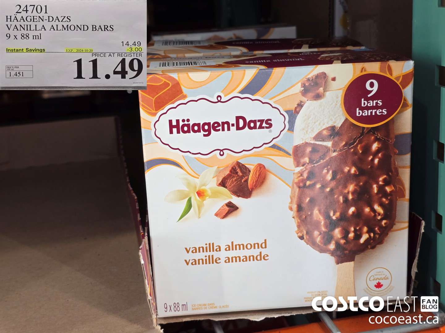 24701 HAAGAN-DAZS VANILLA ALMOND BARS 9 X 88 ML ($3.00 INSTANT SAVINGS EXPIRES ON 2024-10-20) $11.49