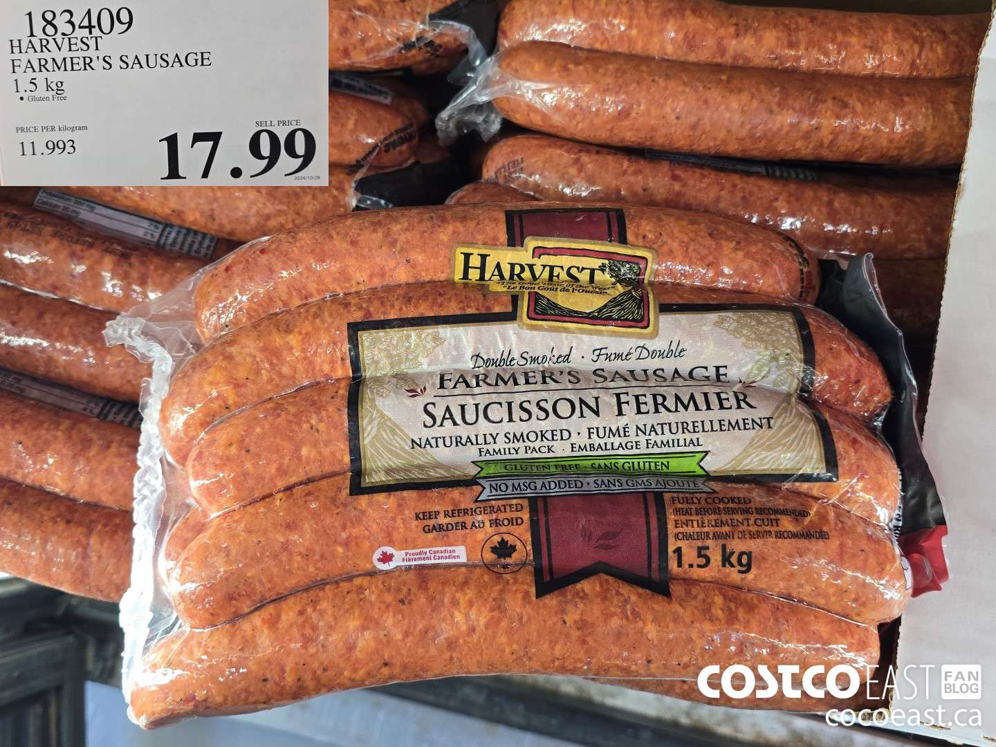 183409 HARVEST SMOKED FARMERS SAUSAGE 1.5 KG $17.99