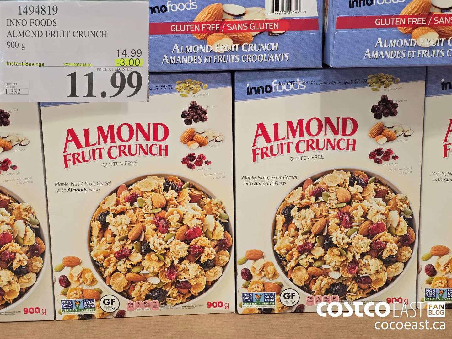 1494819 INNO FOODS ALMOND FRUIT CRUNCH 900 g ($3.00 INSTANT SAVINGS EXPIRES ON 2024-11-10) $11.99