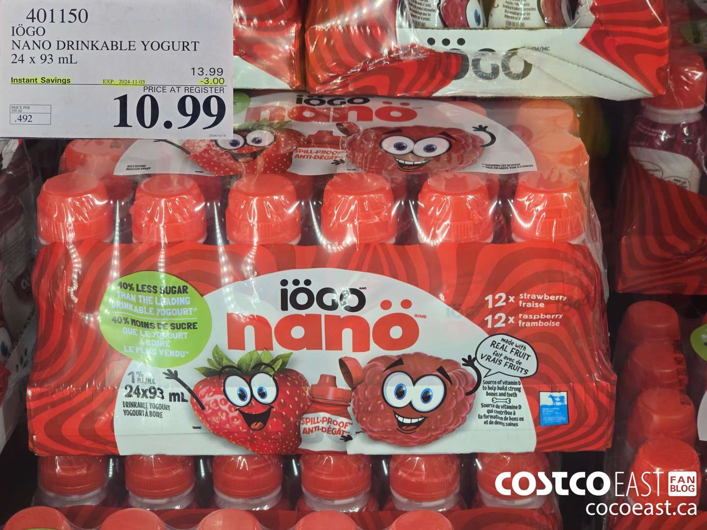 401150 IOGO NANO DRINKABLE YOGURT 24 x 93 ml ($3.00 INSTANT SAVINGS EXPIRES ON 2024-11-03) $10.99