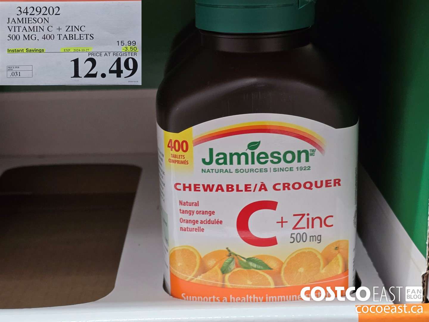 3429202 JAMIESON VITAMIN C+ZINC 500MG 400 TABLET ($3.50 INSTANT SAVINGS EXPIRES ON 2024-10-27) $12.49