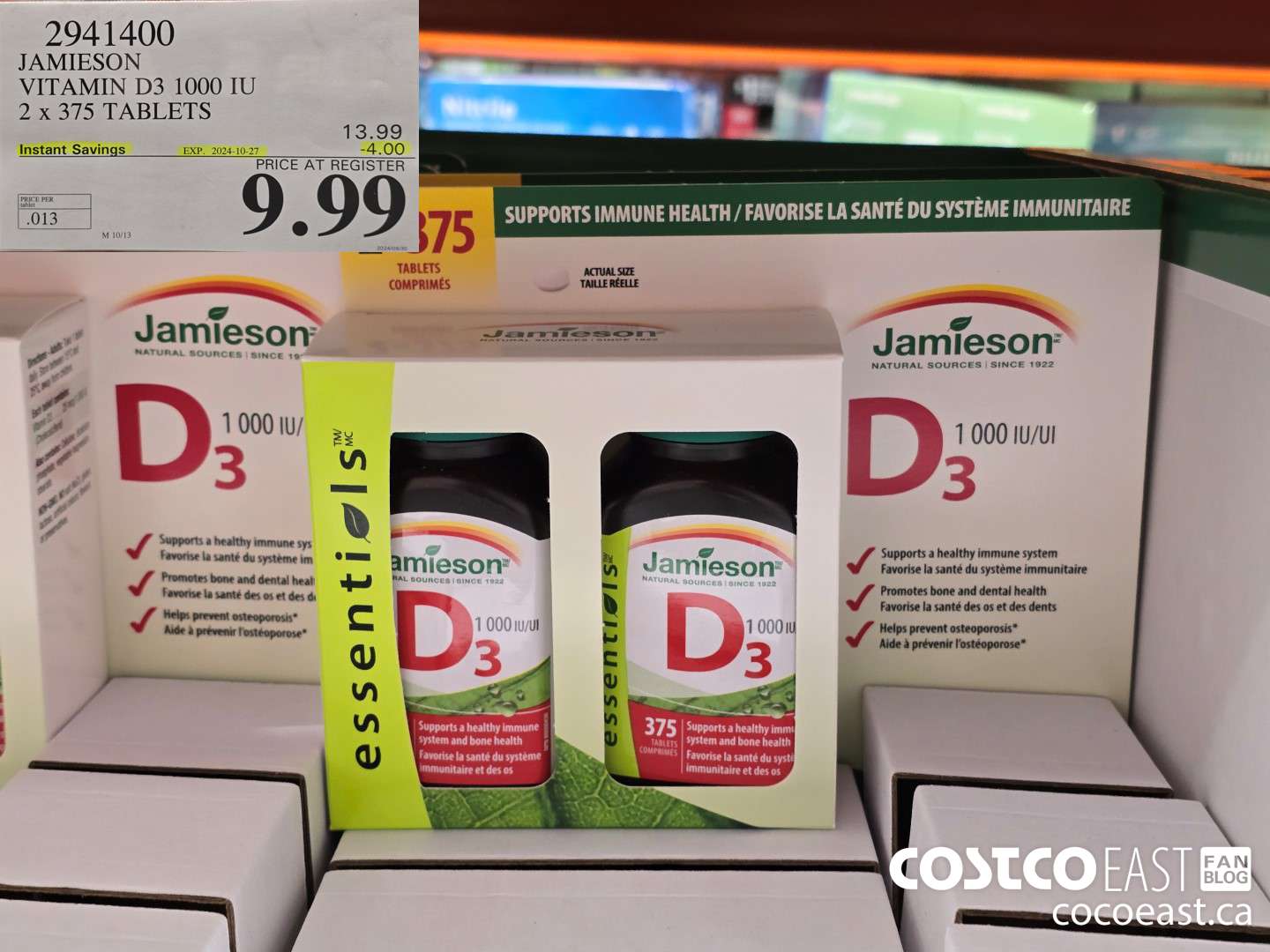 2941400 JAMIESON VITAMIN D3 1000 IU 2 X 375 TABLETS ($4.00 INSTANT SAVINGS EXPIRES ON 2024-10-27) $9.99